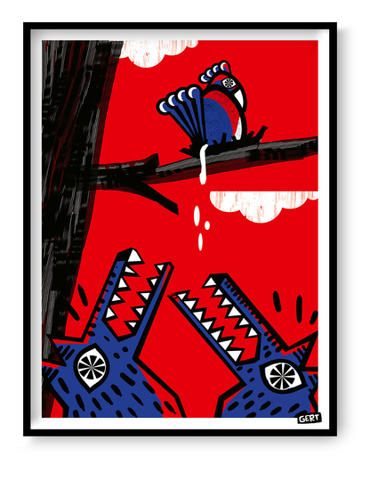 Bold contemporary art print featuring a colorful bird perched above two stylized crocodiles with open jaws, illustrated in graphic blue, red, black and white shapes. Modern digital wall art by Belgian illustrator Gert Paenen with playful humor and striking visual contrast.