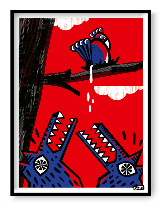 Bold contemporary art print featuring a colorful bird perched above two stylized crocodiles with open jaws, illustrated in graphic blue, red, black and white shapes. Modern digital wall art by Belgian illustrator Gert Paenen with playful humor and striking visual contrast.