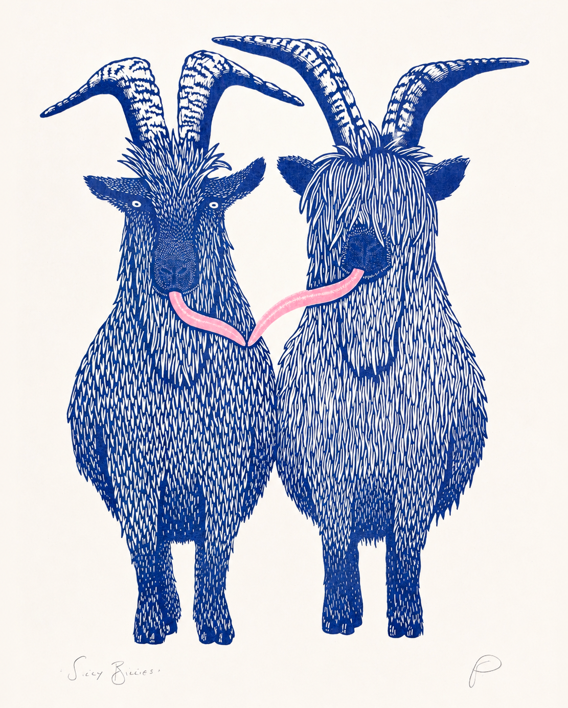 Silly Billies by Strangford, vertical A3 risograph print of two shaggy blue goats with curved horns and a playful pink tongue on cream paper, quirky wall art for colourful interiors.