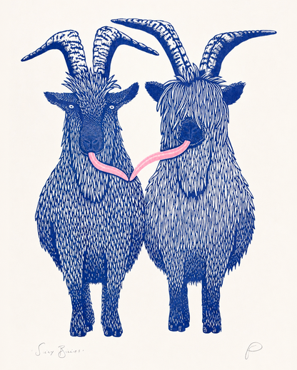 Silly Billies by Strangford, vertical A3 risograph print of two shaggy blue goats with curved horns and a playful pink tongue on cream paper, quirky wall art for colourful interiors.