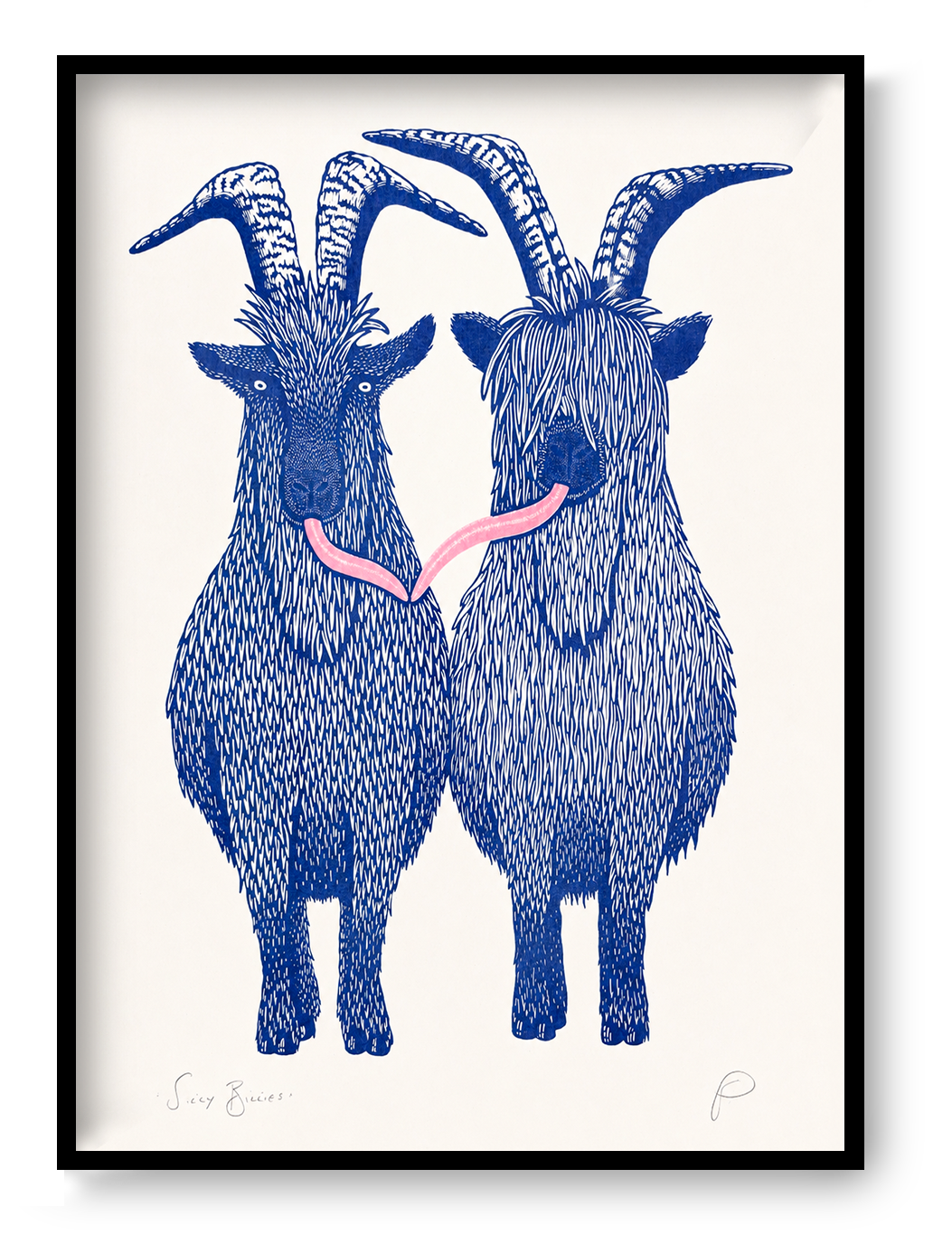 Silly Billies by Strangford, vertical A3 risograph print of two shaggy blue goats with curved horns and a playful pink tongue on cream paper, quirky wall art for colourful interiors.