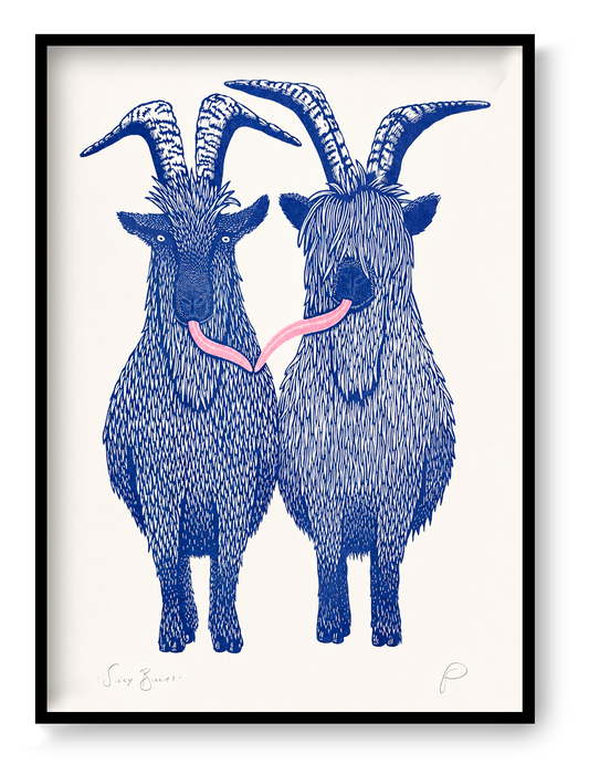 Silly Billies by Strangford, vertical A3 risograph print of two shaggy blue goats with curved horns and a playful pink tongue on cream paper, quirky wall art for colourful interiors.