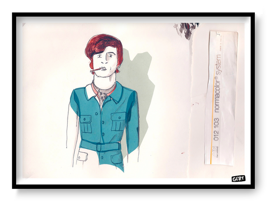 Sketch Guy by Gert Paenen, 13 × 18 cm digital art print featuring a hand-drawn character portrait with red hair, expressive sketch lines, and blue clothing. Contemporary illustration wall art printed on premium 300 g/m² paper for modern interiors, creative workspaces, and gallery walls.