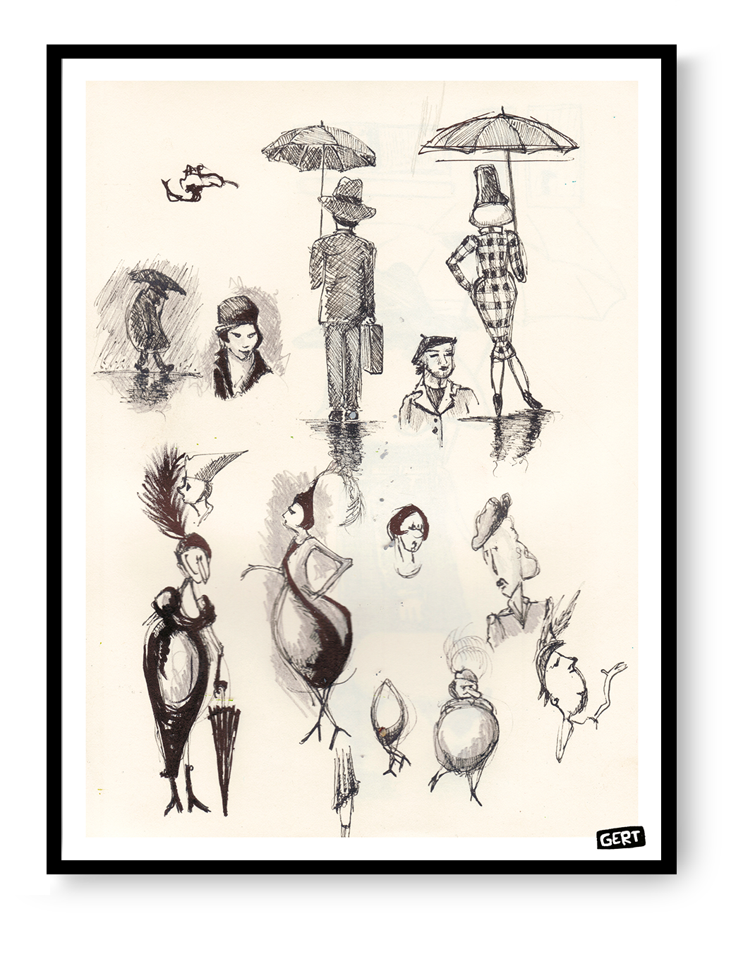 Sketchbook digital art print by Belgian illustrator Gert Paenen featuring expressive black ink character sketches, umbrella figures, fashion-inspired silhouettes, and whimsical hand-drawn studies on a minimalist background.
