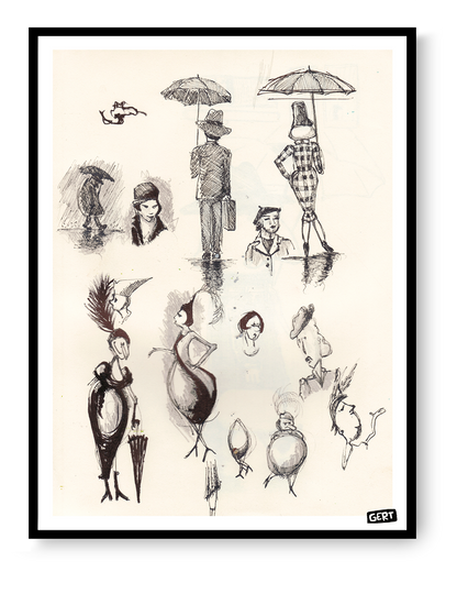 Sketchbook digital art print by Belgian illustrator Gert Paenen featuring expressive black ink character sketches, umbrella figures, fashion-inspired silhouettes, and whimsical hand-drawn studies on a minimalist background.