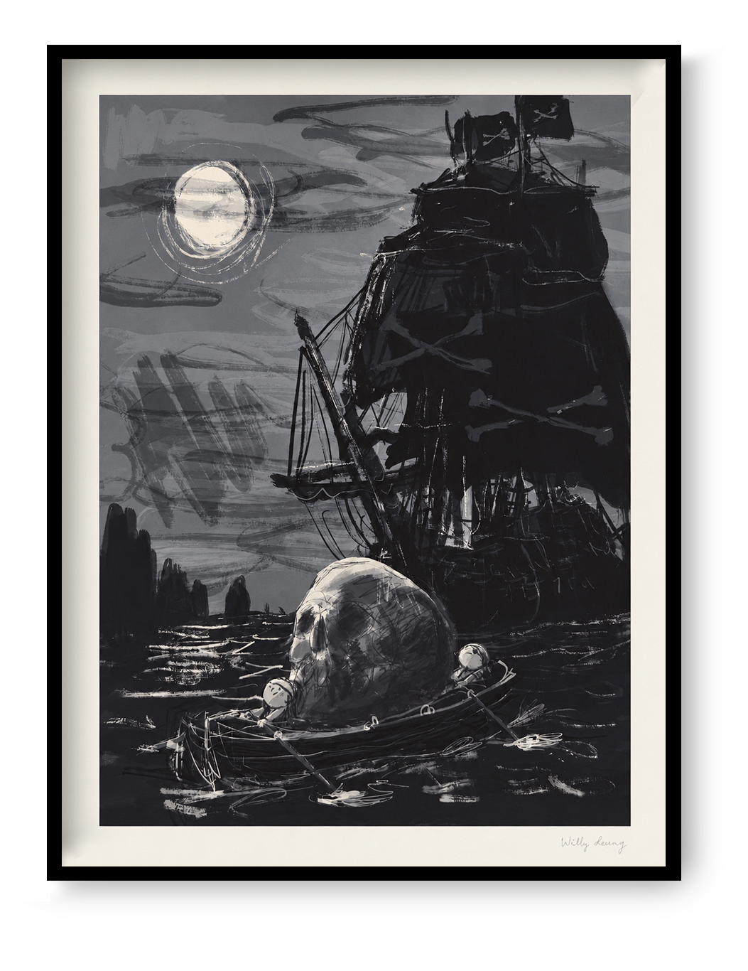 Skull and Bones by Willy Leung, monochrome giclée art print featuring a giant pirate ship, skull in a small boat, and glowing full moon. Dark fantasy illustration in portrait format, ideal for atmospheric wall decor.