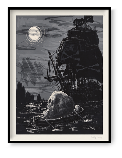 Skull and Bones by Willy Leung, monochrome giclée art print featuring a giant pirate ship, skull in a small boat, and glowing full moon. Dark fantasy illustration in portrait format, ideal for atmospheric wall decor.