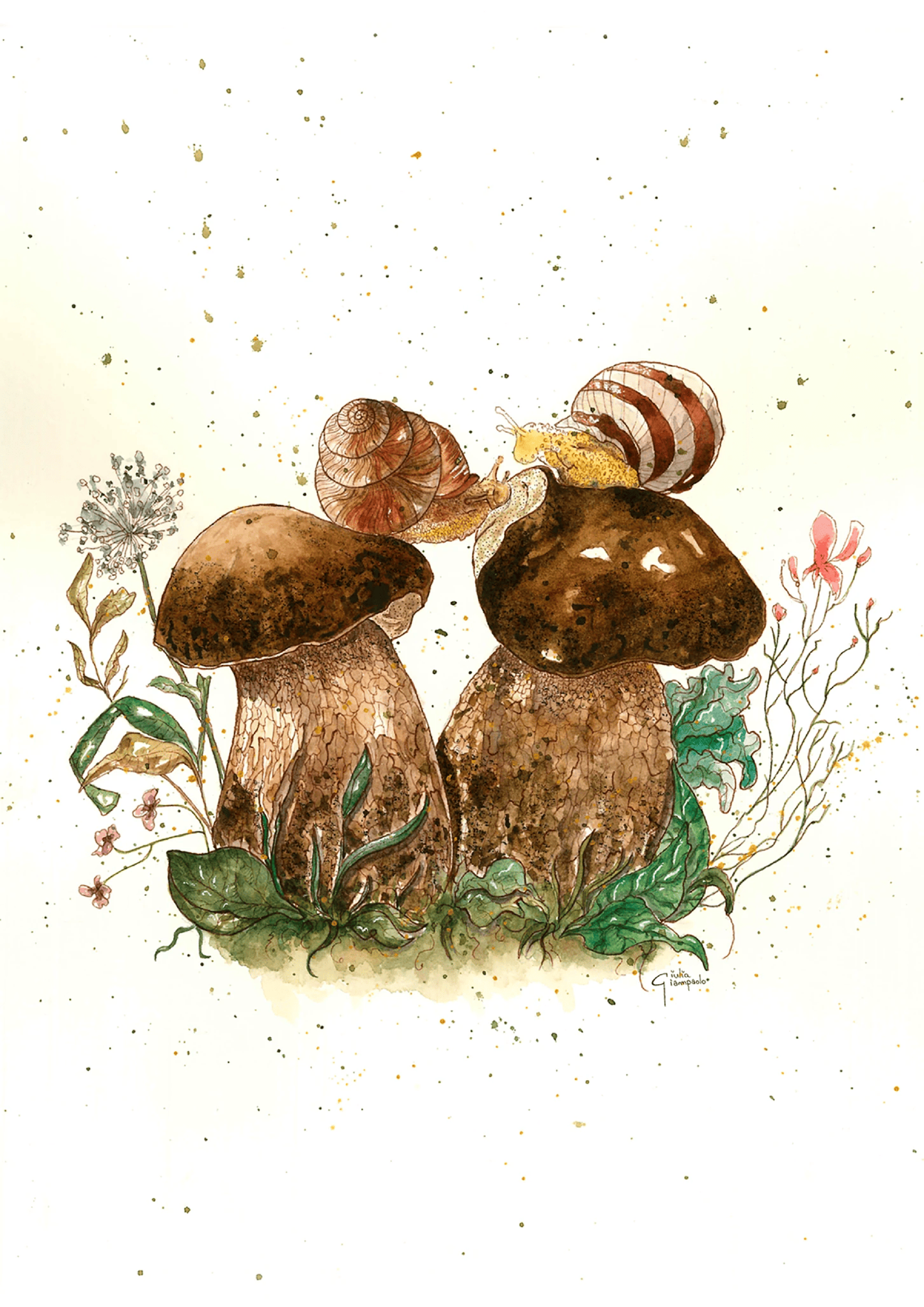 Watercolor illustration of two snails resting on forest mushrooms, painted in soft earthy tones by Giu. Poetic nature art print with botanical details, ideal for nursery decor, calm interiors, and modern wall art.