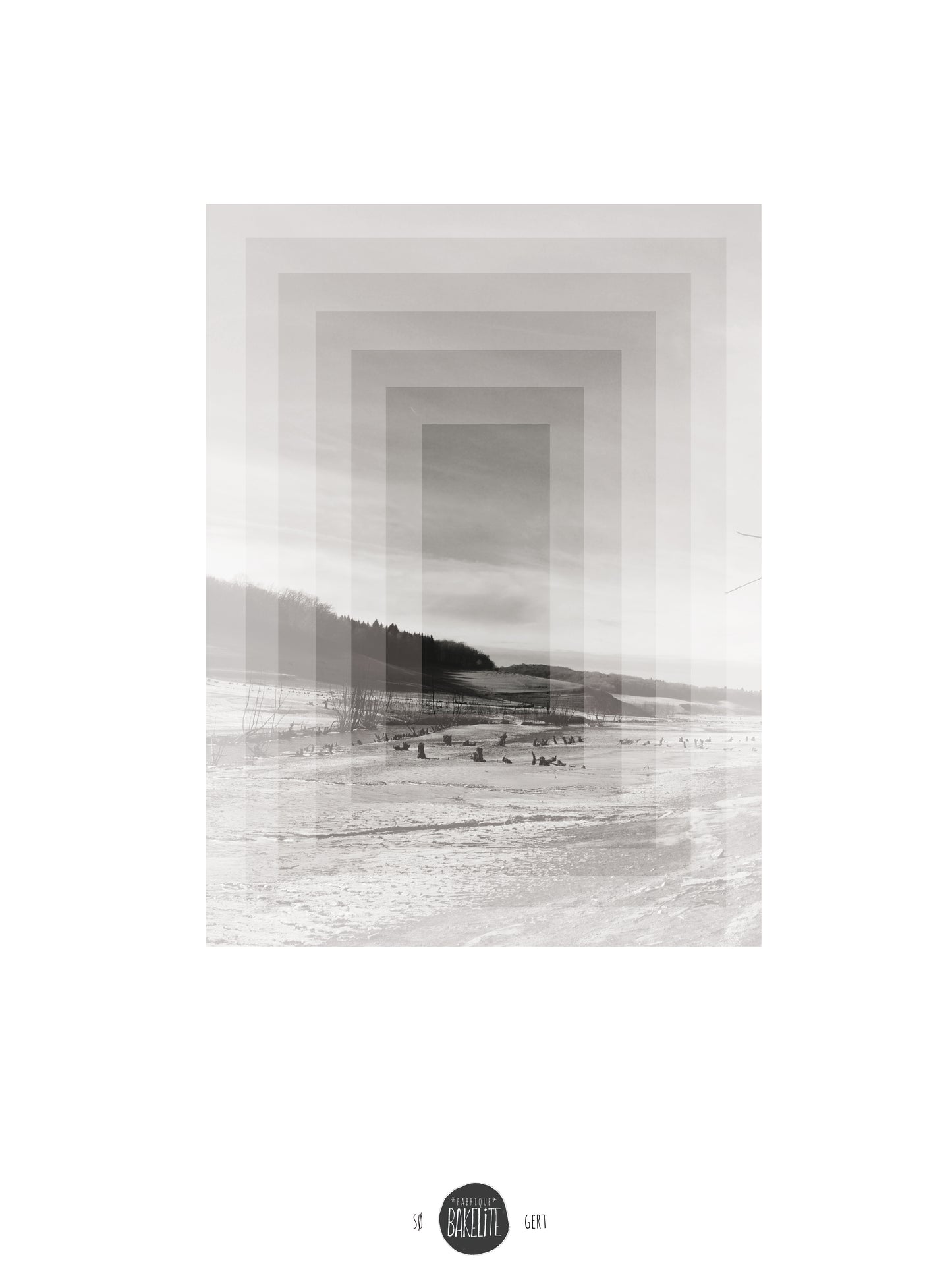 Minimalist Nordic art print SØ by Studio Frits, black-and-white geometric landscape inspired by Swedish winter woods, fine art digital print on matte paper, modern wall decor for Scandinavian and design lovers.