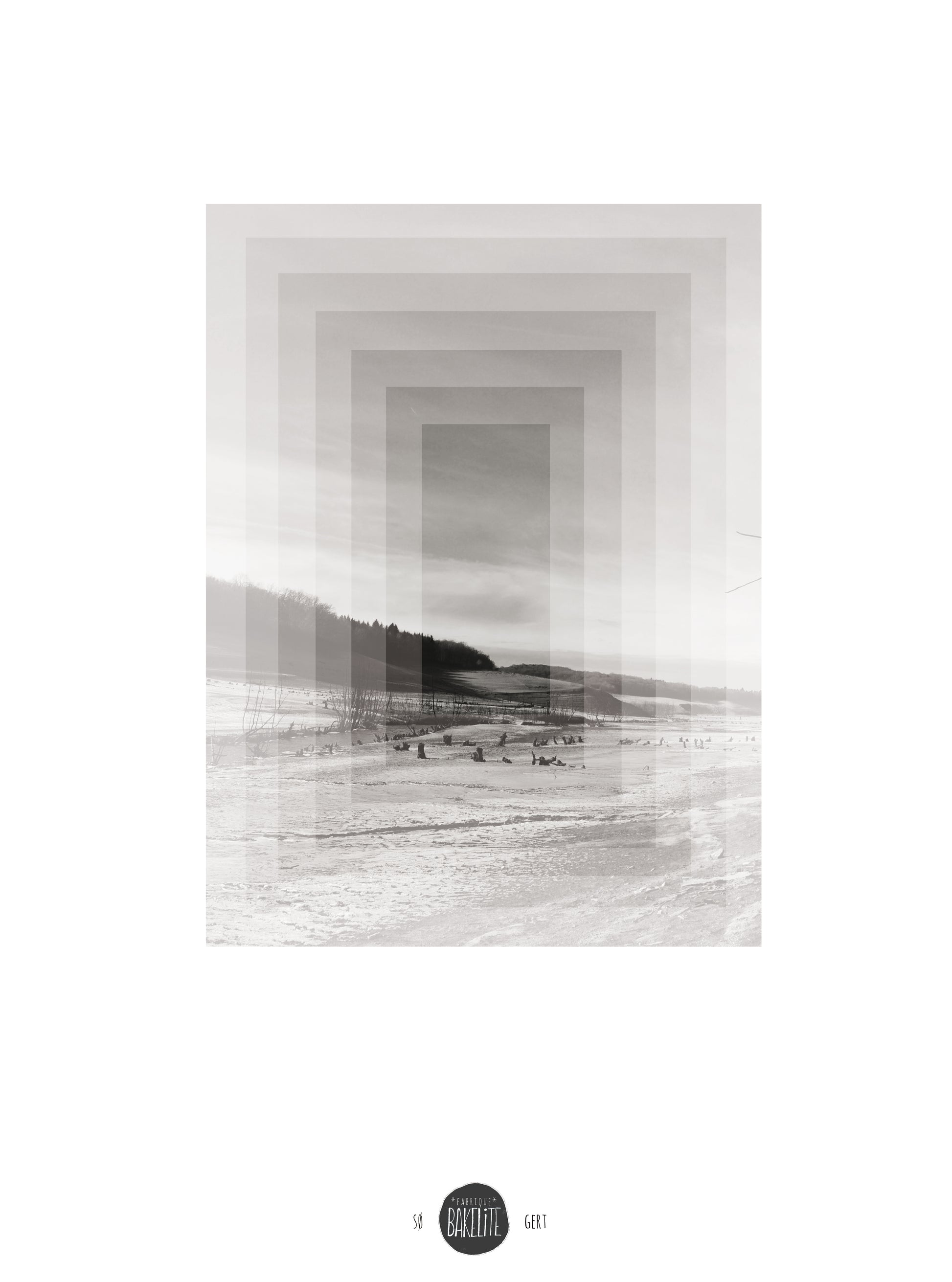 Minimalist Nordic art print SØ by Studio Frits, black-and-white geometric landscape inspired by Swedish winter woods, fine art digital print on matte paper, modern wall decor for Scandinavian and design lovers.