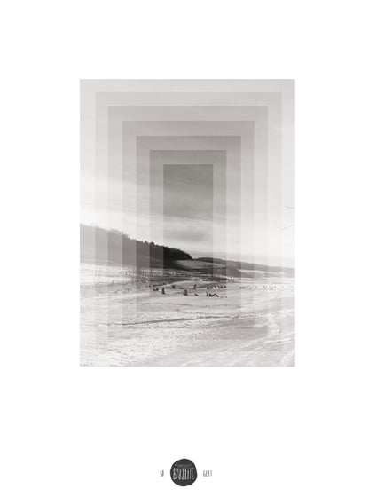 Minimalist Nordic art print SØ by Studio Frits, black-and-white geometric landscape inspired by Swedish winter woods, fine art digital print on matte paper, modern wall decor for Scandinavian and design lovers.