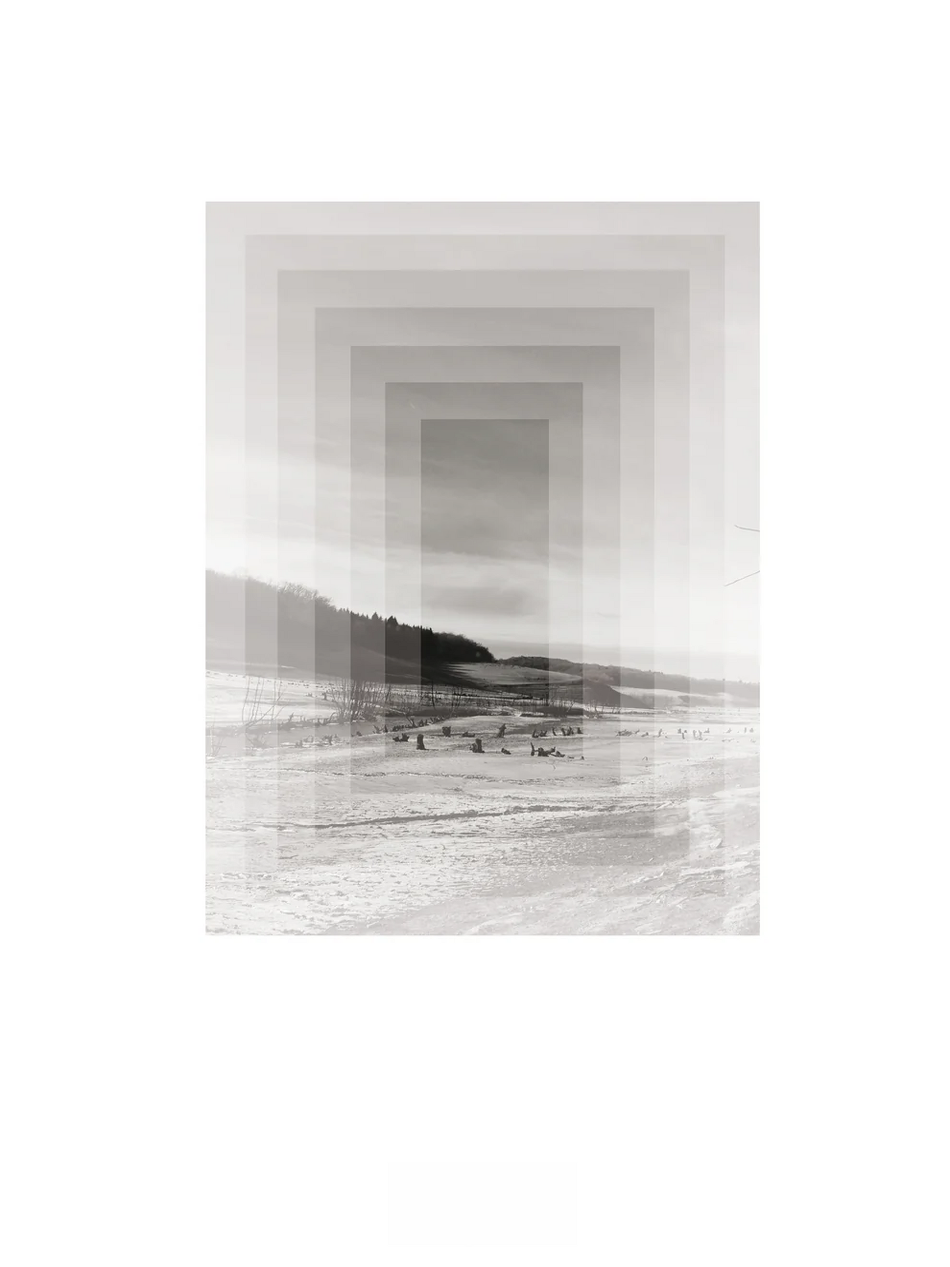 Minimalist Nordic art print SØ by Studio Frits, black-and-white geometric landscape inspired by Swedish winter woods, fine art digital print on matte paper, modern wall decor for Scandinavian and design lovers.