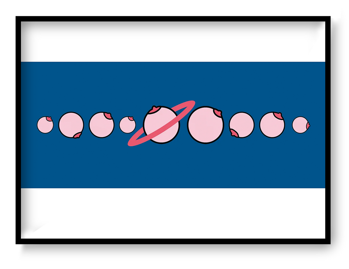 Solar by Studio Stoutpoep, horizontal digital art print showing pink illustrated breasts arranged like a solar system on a deep blue background, playful contemporary wall decor.