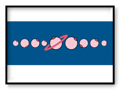 Solar by Studio Stoutpoep, horizontal digital art print showing pink illustrated breasts arranged like a solar system on a deep blue background, playful contemporary wall decor.
