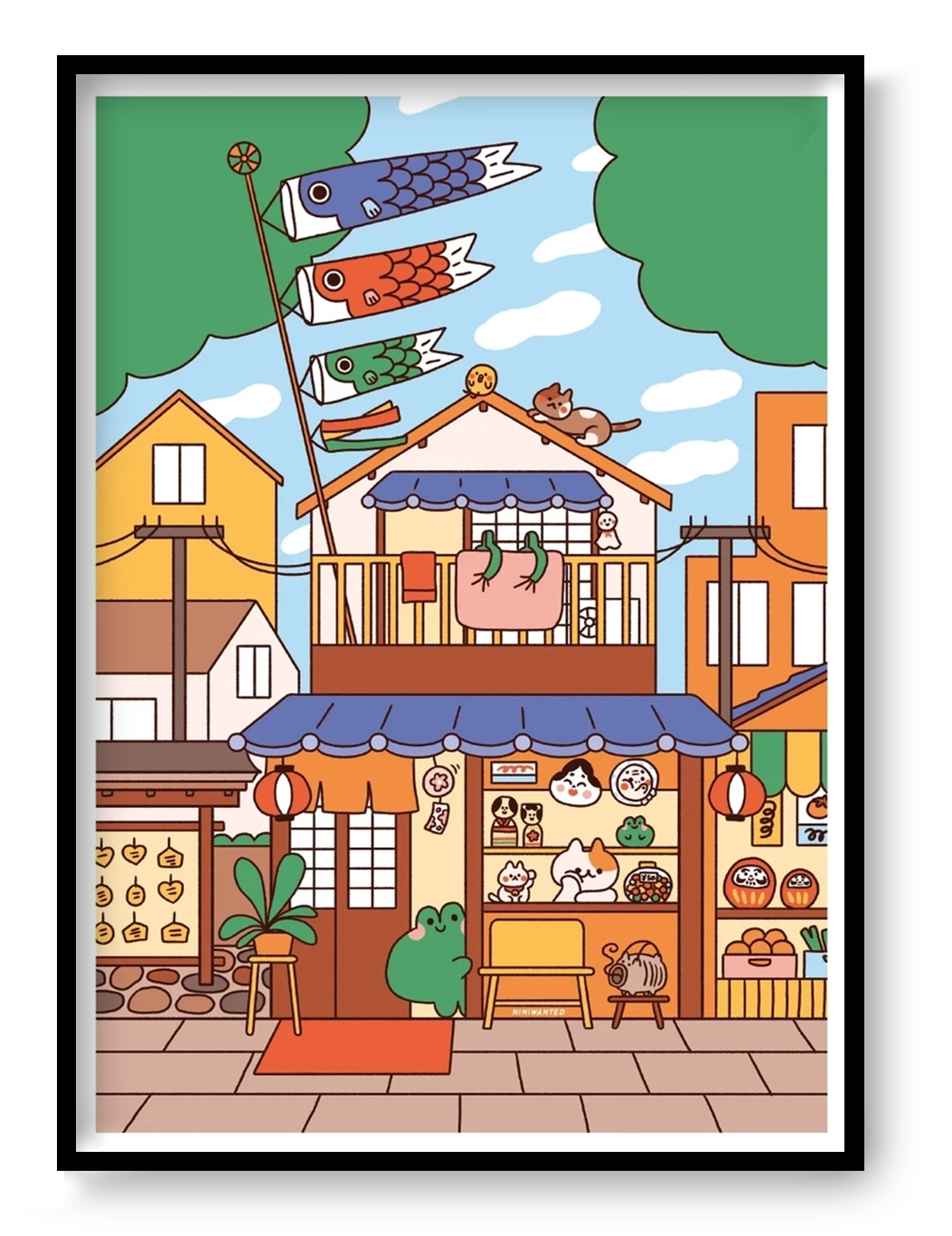 Colorful vertical digital art print of a Japanese souvenir shop by Niniwanted, featuring koi flags, lucky cats, lanterns, and playful characters. Kawaii wall art in warm orange, blue, and green.