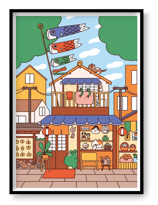 Colorful vertical digital art print of a Japanese souvenir shop by Niniwanted, featuring koi flags, lucky cats, lanterns, and playful characters. Kawaii wall art in warm orange, blue, and green.