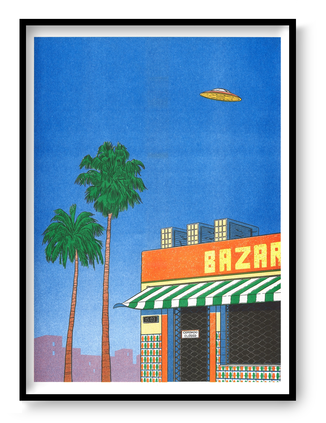 Spain at 15h by Simon Bailly, vertical risograph print with palm trees, a closed Spanish bazaar, blue sky and flying UFO in vivid blue, orange and green tones, ideal as playful wall art.