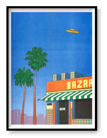 Spain at 15h by Simon Bailly, vertical risograph print with palm trees, a closed Spanish bazaar, blue sky and flying UFO in vivid blue, orange and green tones, ideal as playful wall art.
