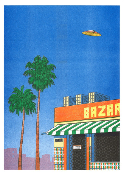 Spain at 15h by Simon Bailly, vertical risograph print with palm trees, a closed Spanish bazaar, blue sky and flying UFO in vivid blue, orange and green tones, ideal as playful wall art.