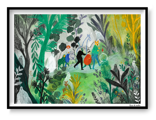 Spookjesbos by Louise de Meester, a colorful landscape digital art print with ghosts, animals and playful figures in a lush green forest, ideal for creative wall decor.