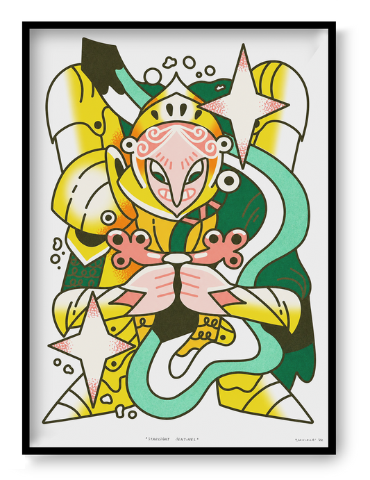 Starlight Sentinel risograph art print by Auwnanas featuring a stylized warrior figure with stars, bold yellow and green tones, and dynamic abstract shapes in A3 format