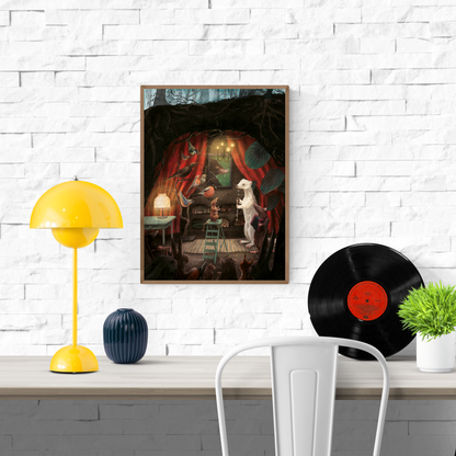 Illustration of an underground woodland concert in winter by Stien van Kerckhoven — animals like mice, birds, and a white weasel play music under red curtains and warm light, creating a cozy, magical forest atmosphere. Perfect for lovers of nature-inspired and whimsical wall art.