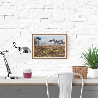 Serene misty landscape art print Landscape 2 by Belgian illustrator Stien van Kerckhoven, featuring soft earthy tones and peaceful nature scene – A5 size, printed on 250g paper in Belgium.