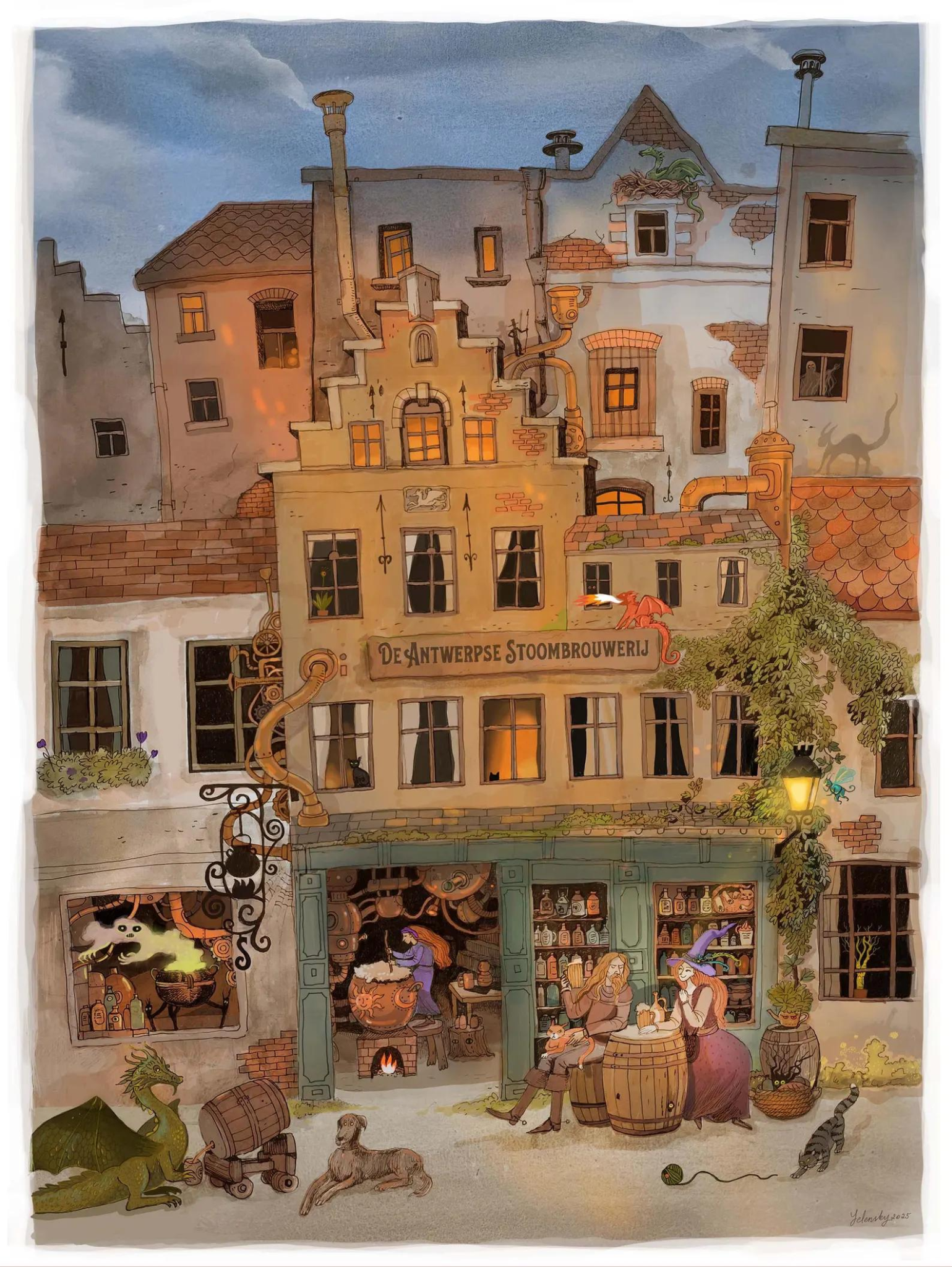 Whimsical fantasy illustration of a steampunk brewery in Antwerp with witches, dragons, and glowing lights by Lena Yampolski. Detailed giclée art print inspired by Flemish architecture, Belgian beer, and magical storytelling