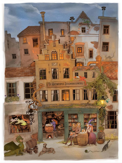 Whimsical fantasy illustration of a steampunk brewery in Antwerp with witches, dragons, and glowing lights by Lena Yampolski. Detailed giclée art print inspired by Flemish architecture, Belgian beer, and magical storytelling