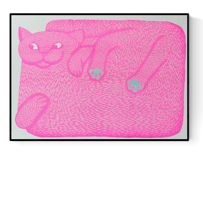 Risograph art print of a stylized pink cat with exaggerated proportions, curled in a rectangular shape with intricate fur textures, bright blue paw pads, and expressive eyes, titled "I'm Just a Paw Boy from a Paw Family" by Strangford – modern linocut-inspired animal illustration printed on recycled paper, ideal for cat lovers and fans of quirky, colorful wall art.