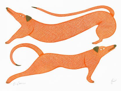 Big Stretch by Strangford, horizontal risograph art print showing two elongated orange dogs with olive details on white, playful contemporary wall art for colourful interiors.