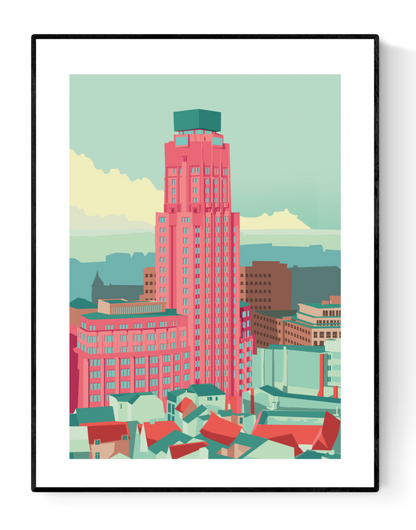 Boerentoren Antwerp illustration by Studio Frits – colorful modern art print of the iconic Art Deco skyscraper in Antwerp, Belgium, architectural wall art in pastel tones, perfect for urban design lovers, available at Galerie Frits