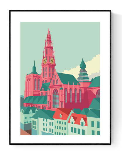 Cathedral Antwerp art print by Studio Frits – colorful architectural illustration of the Cathedral of Our Lady in Antwerp. Featuring bold pinks, greens, and clean lines in a modern graphic style. Perfect for architecture lovers, Belgium art collectors, and vibrant wall décor. Available at Galerie Frits