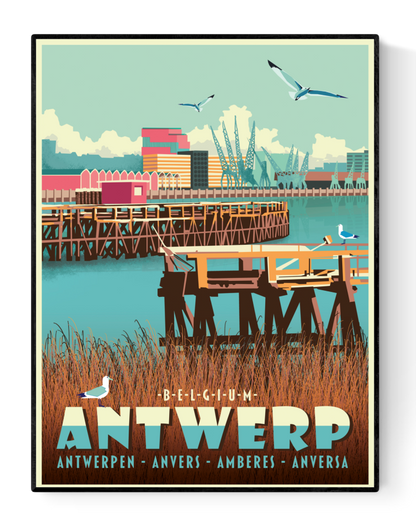 "Eilandje Antwerp" poster by Studio Frits – colorful retro-style illustration of the Antwerp harbor district with cranes, seagulls, and modern architecture, perfect wall art for Belgium lovers and vintage travel print collectors, available at Galerie Frits