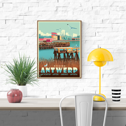 "Eilandje Antwerp" poster by Studio Frits – colorful retro-style illustration of the Antwerp harbor district with cranes, seagulls, and modern architecture, perfect wall art for Belgium lovers and vintage travel print collectors, available at Galerie Frits