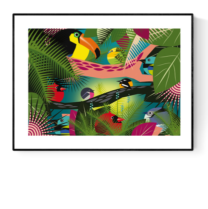Bold and colorful jungle scene illustration by Studio Frits featuring a lively mix of exotic birds—including toucans and tropical songbirds—nestled among lush green leaves and graphic foliage. A striking, contemporary art print that brings the vibrancy of the Amazon rainforest into your space—perfect for modern interiors, bird lovers, and nature-inspired decor