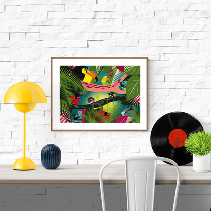 Bold and colorful jungle scene illustration by Studio Frits featuring a lively mix of exotic birds—including toucans and tropical songbirds—nestled among lush green leaves and graphic foliage. A striking, contemporary art print that brings the vibrancy of the Amazon rainforest into your space—perfect for modern interiors, bird lovers, and nature-inspired decor
