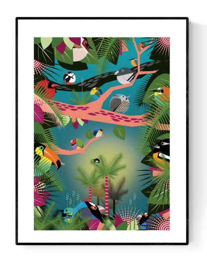 Vibrant jungle-themed illustration by Studio Frits featuring a lush tropical canopy filled with colorful exotic birds perched on graphic pink and black branches. Set against a dreamy teal-green background with bold botanical elements, this dynamic art print captures the rich biodiversity of the Amazon—perfect for brightening up modern interiors, kids’ rooms, or nature-inspired spaces