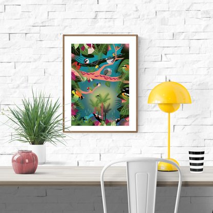 Vibrant jungle-themed illustration by Studio Frits featuring a lush tropical canopy filled with colorful exotic birds perched on graphic pink and black branches. Set against a dreamy teal-green background with bold botanical elements, this dynamic art print captures the rich biodiversity of the Amazon—perfect for brightening up modern interiors, kids’ rooms, or nature-inspired spaces