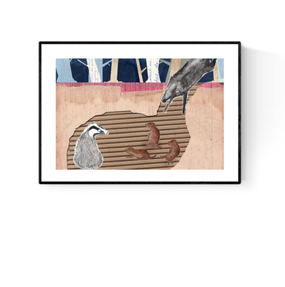 Whimsical collage-style illustrations by Studio Frits from the 'Animal School' series, featuring charming woodland creatures—bears, badgers, rabbits, and ducks—engaging in school-like scenes set in stylized forest environments. Created with layered textures, vintage maps, and paper cutout effects, these playful and imaginative prints are perfect for children’s rooms, creative spaces, and storybook-themed decor