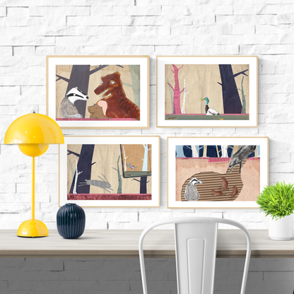 Whimsical collage-style illustrations by Studio Frits from the 'Animal School' series, featuring charming woodland creatures—bears, badgers, rabbits, and ducks—engaging in school-like scenes set in stylized forest environments. Created with layered textures, vintage maps, and paper cutout effects, these playful and imaginative prints are perfect for children’s rooms, creative spaces, and storybook-themed decor