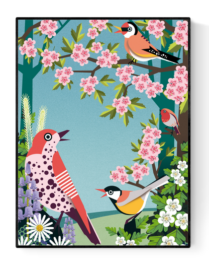 Colorful spring bird illustration by Studio Frits – decorative art print featuring garden birds among blooming cherry blossoms and wildflowers. Vibrant nature-inspired wall art perfect for spring-themed decor, bird lovers, and botanical art collectors. High-quality giclée print ideal for brightening up living rooms, kitchens, or nature-inspired interiors