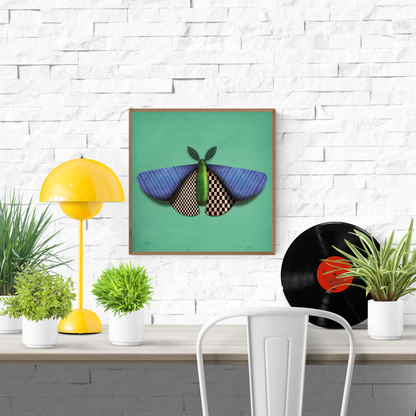 Stylized digital illustration by Studio Frits titled 'Baptiste de Papillon de Nuit,' featuring a geometric moth with textured blue wings, checkered underwings, and a green body set against a vivid teal background. Combining surrealism with modern design, this bold and whimsical insect portrait is perfect for contemporary spaces and fans of unique entomology-inspired art
