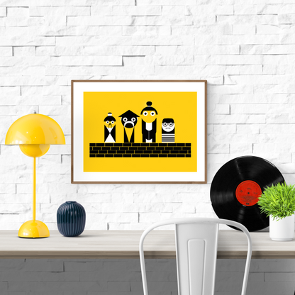 Bold and playful graphic illustration titled ‘Chinese’ by Studio Frits, featuring four stylized black-and-white cartoon characters with geometric shapes against a vibrant yellow background. This modern art print blends minimalism with cultural motifs, perfect for contemporary interiors, kids’ rooms, or design lovers who appreciate quirky wall decor. Available at Galerie Frits