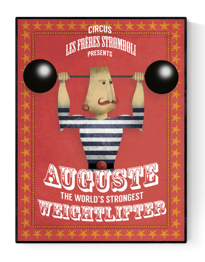 Playful vintage-style illustration by Studio Frits titled 'Auguste Stromboli,' designed as a fictional circus poster featuring a strongman in a striped suit lifting cartoonishly large barbells. Surrounded by red and yellow star borders with bold typography, this whimsical artwork channels classic circus charm—perfect for eclectic interiors, children's rooms, or collectors of retro-inspired prints