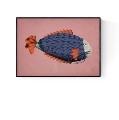"Emile le Poisson" art print by Studio Frits – whimsical illustration of a stylized fish with a newspaper-textured face, vibrant orange fins, and deep blue scales on a pink background, perfect for eclectic wall art collectors and marine-themed interior decor, available at Galerie Frits