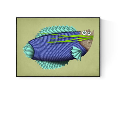 Whimsical fish illustration titled 'Helmut Von Fish' by Studio Frits – vibrant A4 art print featuring a quirky blue and green fish with textured scales and newspaper collage elements, printed on 300g Belgian paper.