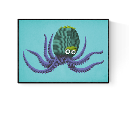 Colorful illustration of a whimsical purple octopus with textured tentacles and a green patterned head on a turquoise background, titled Ignatio the Octopus by Studio Frits – playful marine-themed A4 art print for ocean lovers and children's decor.