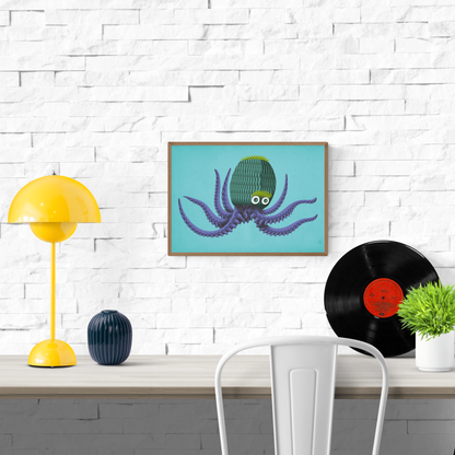 Colorful illustration of a whimsical purple octopus with textured tentacles and a green patterned head on a turquoise background, titled Ignatio the Octopus by Studio Frits – playful marine-themed A4 art print for ocean lovers and children's decor.
