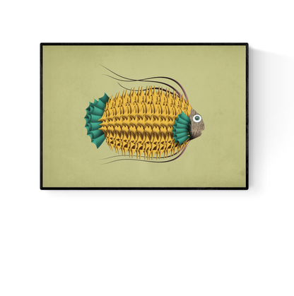 A4 art print titled Leon Le Poisson by Studio Frits – illustration of a yellow and teal fish with rich texture and whimsical details, printed on 300g paper, made in Belgium.
